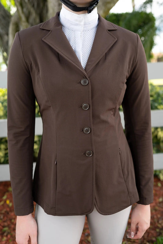Grand Prix Quinn Show Jacket chocolate brown riding blazer with 4-button front by Huntley on Tampa Home & Garden Store