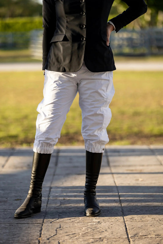 Grand Prix Rain Pants weatherproof riding pants, white with elastic cuffs on Tampa Home & Garden Store