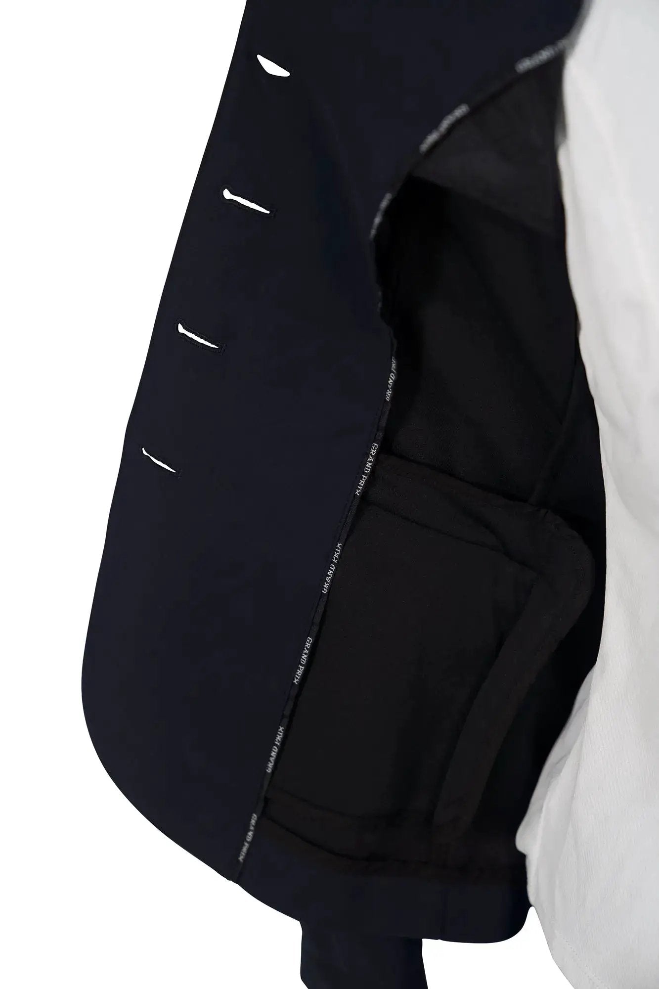 Grand Prix Saltare Dolce navy four-button riding jacket by Huntley Equestrian with quilted lining on Tampa Home & Garden Store