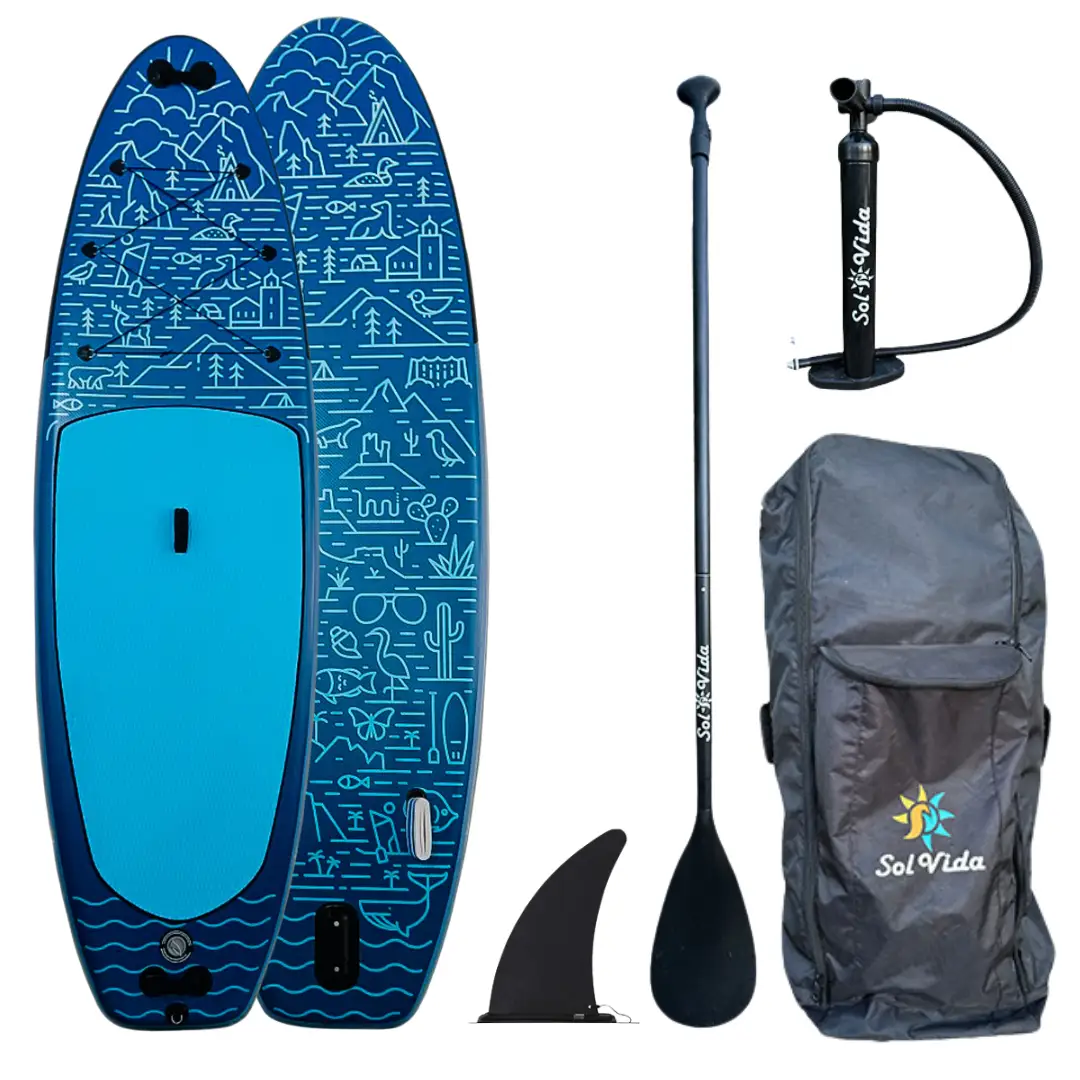 GrandSol Oasis Pack inflatable paddleboard with blue deck, paddle, pump, fin, SolVida bag on Tampa Home & Garden Store