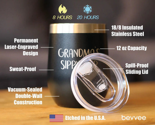 Grandma's Sippy Cup Wine Stemless Tumbler 12oz black stainless steel sliding lid bevvee on Tampa Home & Garden Store