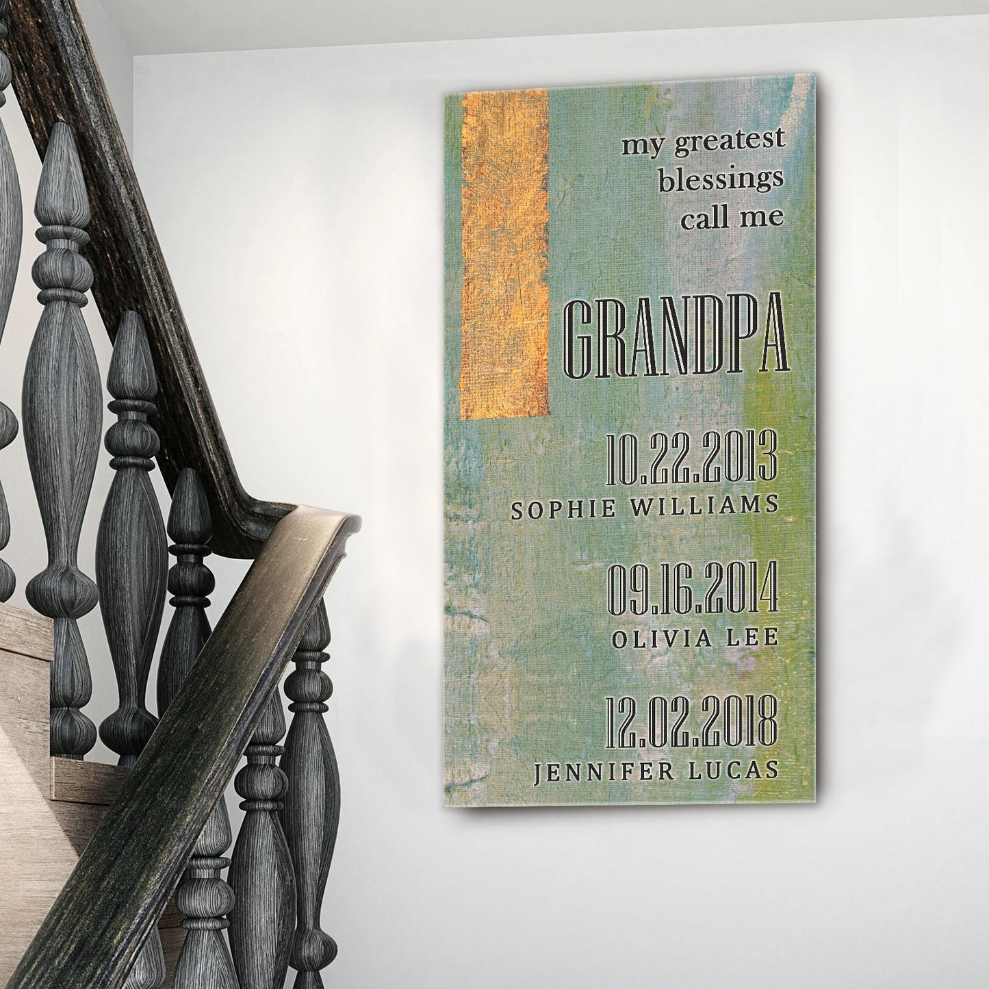 Grandfather's Name Sign canvas with teal background and gold stripe by Tailored Canvases crafting canvas on Tampa Home & Garden Store