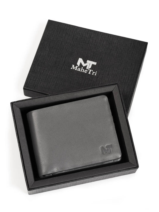 Gray MaheTri Duke bifold wallet with card slots in black gift box on Tampa Home & Garden Store