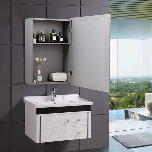 DirectDeals wall mounted mirrored medicine cabinet, gray metal with open door and shelves on Tampa Home & Garden Store