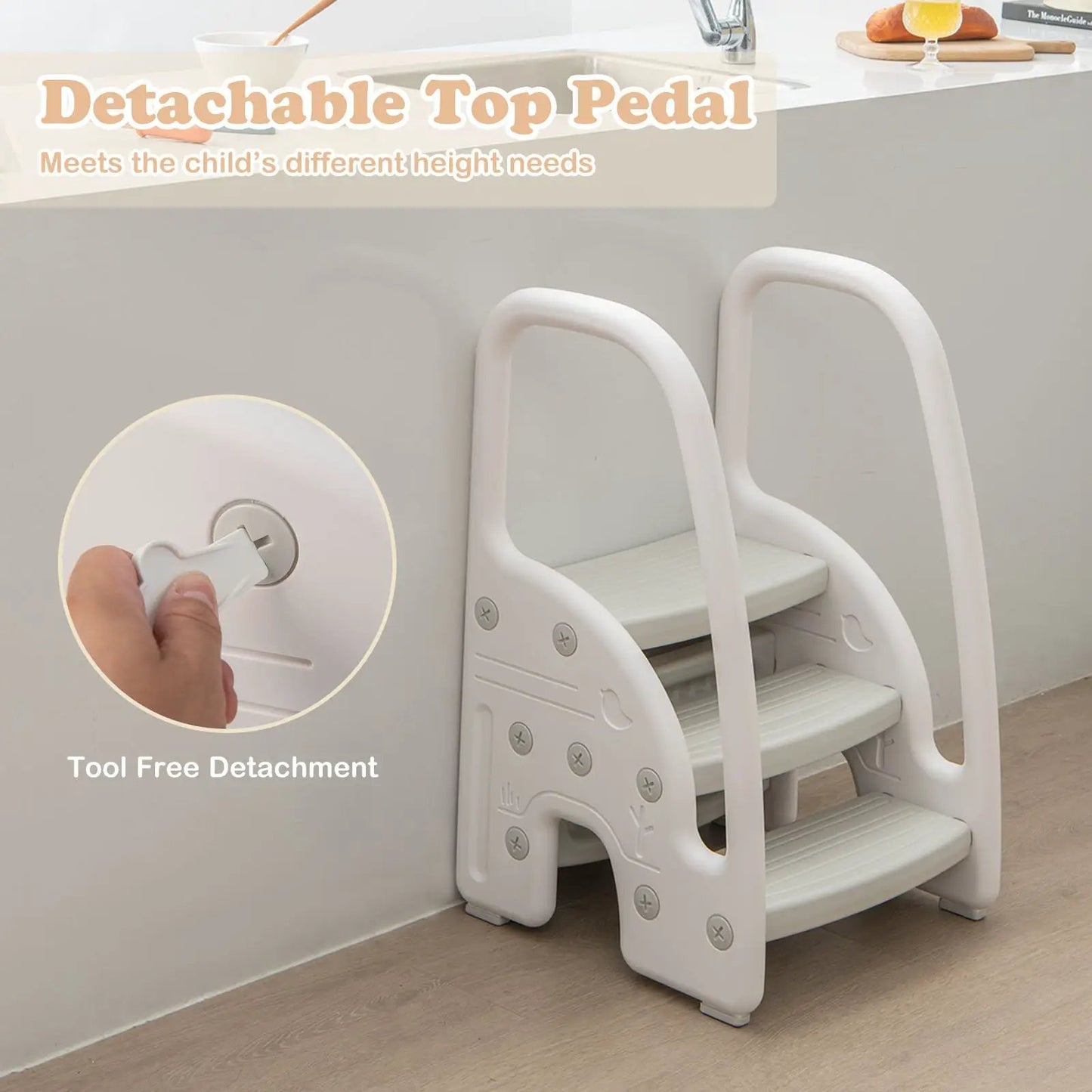 White plastic 3-step stool with side handles and non-slip pedals for bathroom use on Tampa Home & Garden Store