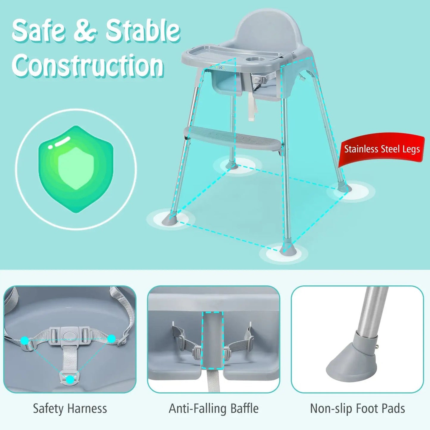 4-in-1 Convertible Baby High Chair with Tray, gray plastic seat and stainless steel legs DirectDeals on Tampa Home & Garden Store