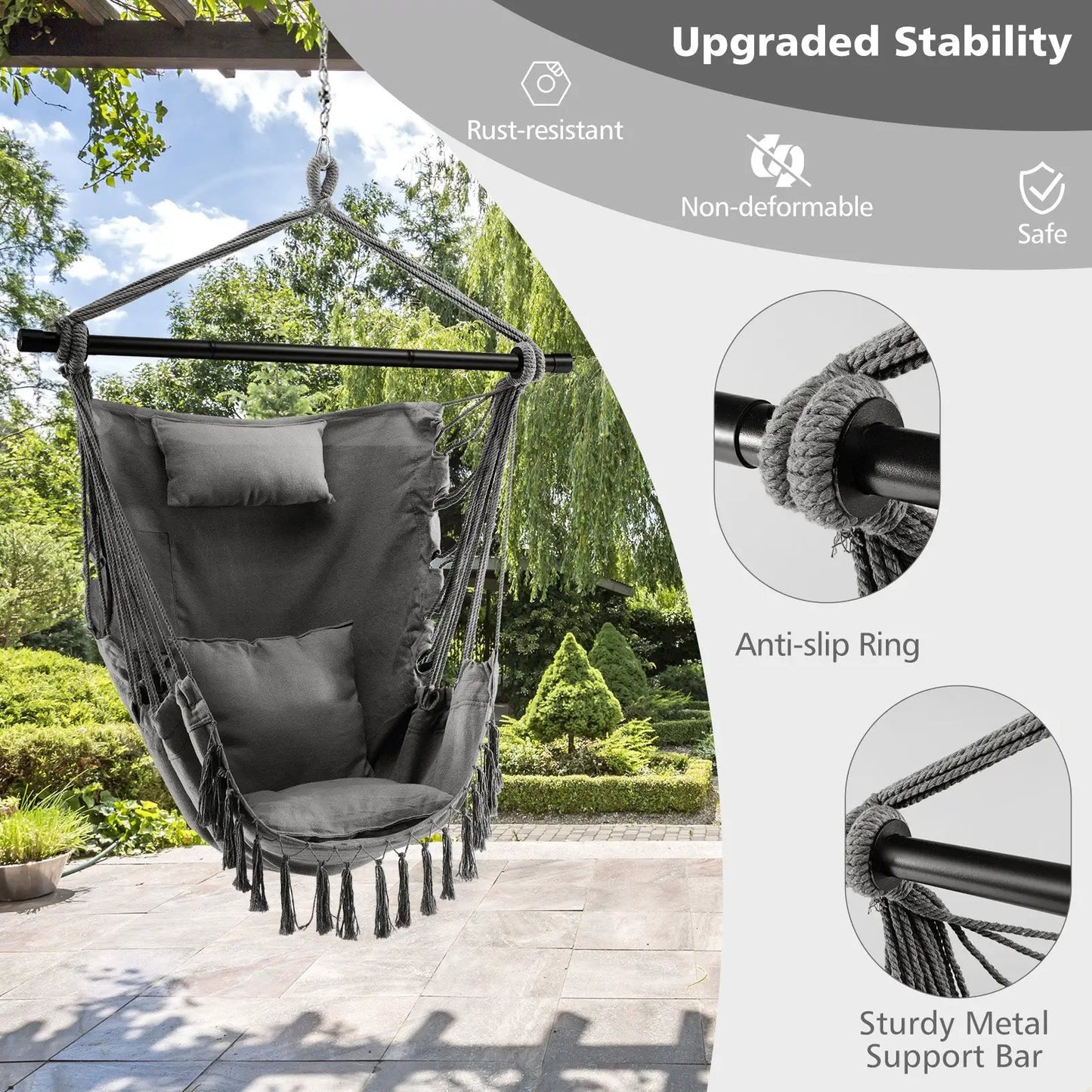 Hanging Rope Swing Chair with Soft Cushions in gray, DirectDeals brand swing seat on Tampa Home & Garden Store