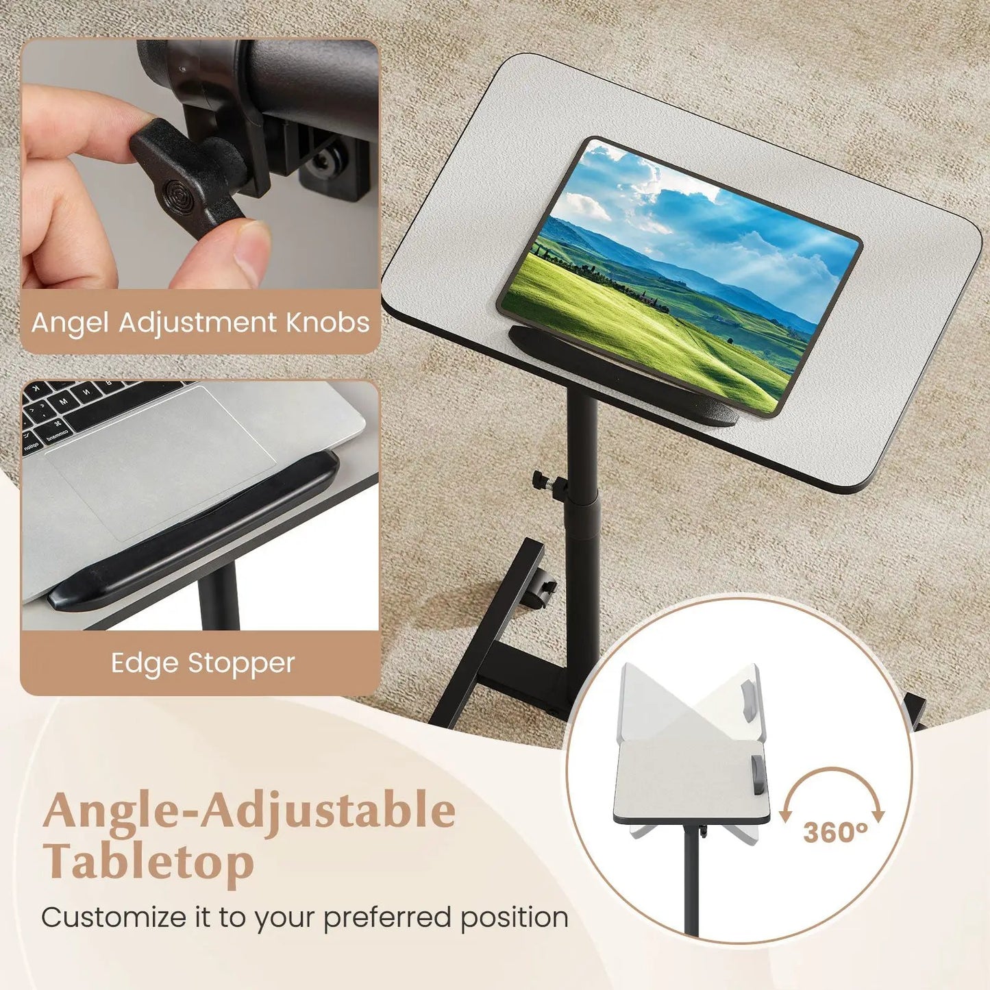 DirectDeals overbed rolling tray table in gray with black stand; angle adjustable, 360° rotation on Tampa Home & Garden Store