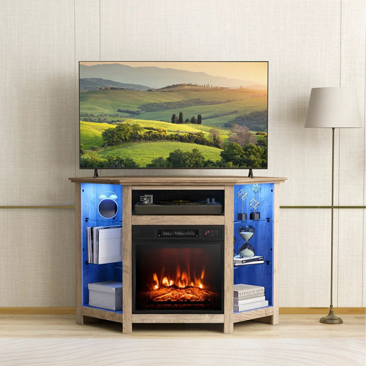 Fireplace corner TV stand with LED lights and app control in natural wood by DirectDeals