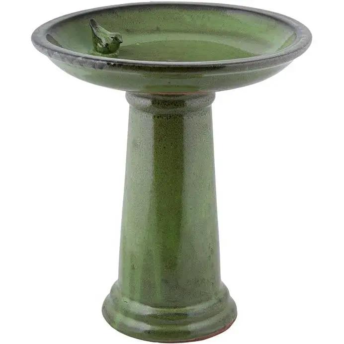 Green ceramic outdoor birdbath on pedestal for garden on Tampa Home & Garden Store