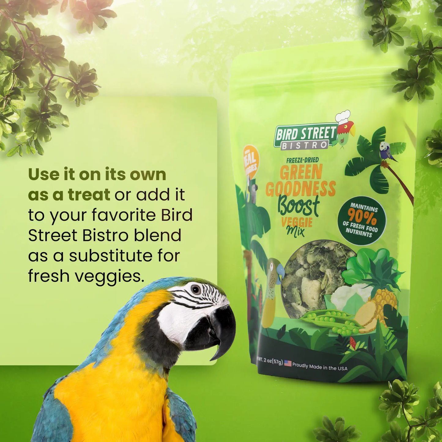Parrot food Bird Street Bistro Green Goodness Boost Veggie Mix bag, bright green packaging on Tampa Home & Garden Store