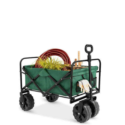 Green heavy-duty collapsible garden cart with black steel frame and rugged wheels on Tampa Home & Garden Store