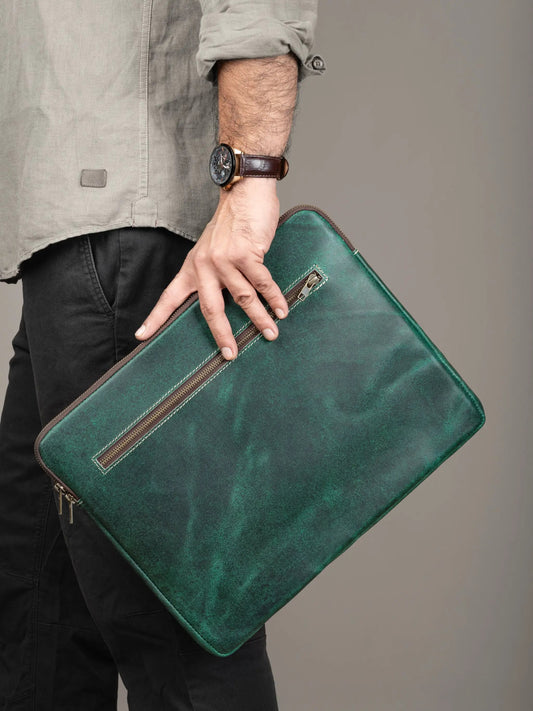 Laptop sleeve in green with durable zipper closure by Classy Leather Bags on Tampa Home & Garden Store