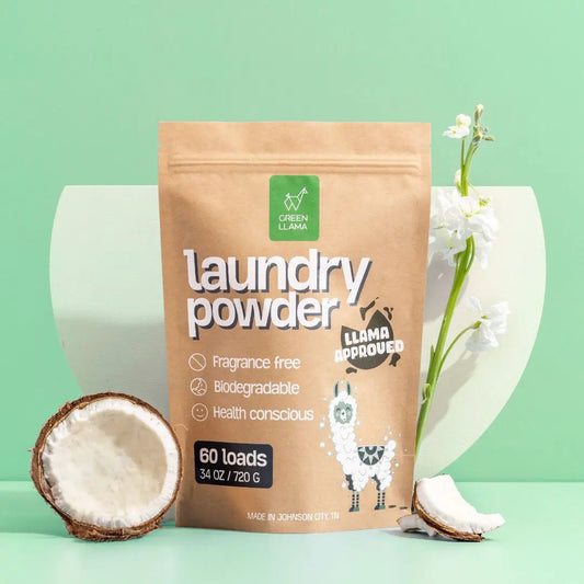 Green Llama laundry powder bag fragrance free, 60 loads, coconut halves on mint backdrop on Tampa Home & Garden Store