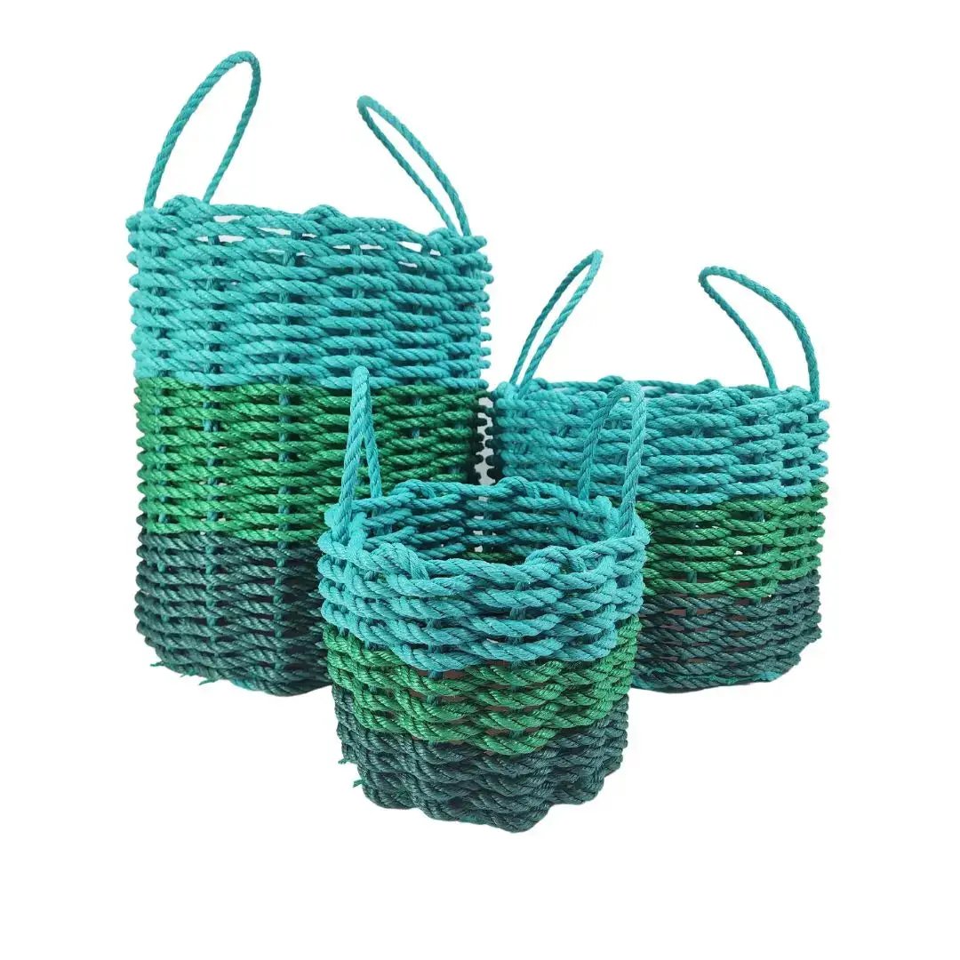Handmade Lobster Rope Basket set of 3 teal-green ombre rope handles Little Salty Rope on Tampa Home & Garden Store