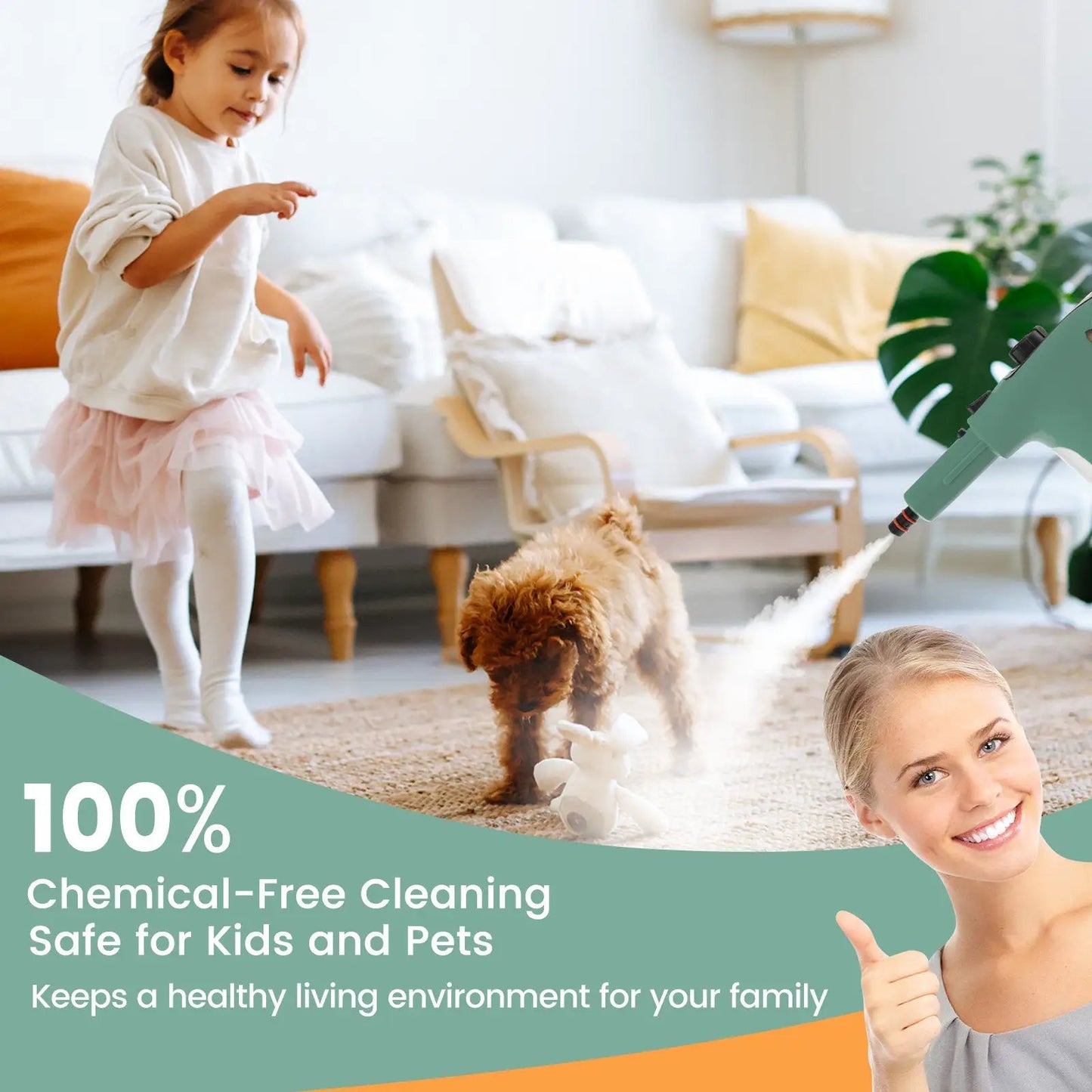 1400W handheld steam cleaner with 14-piece kit, green nozzle in bright living room, DirectDeals on Tampa Home & Garden Store