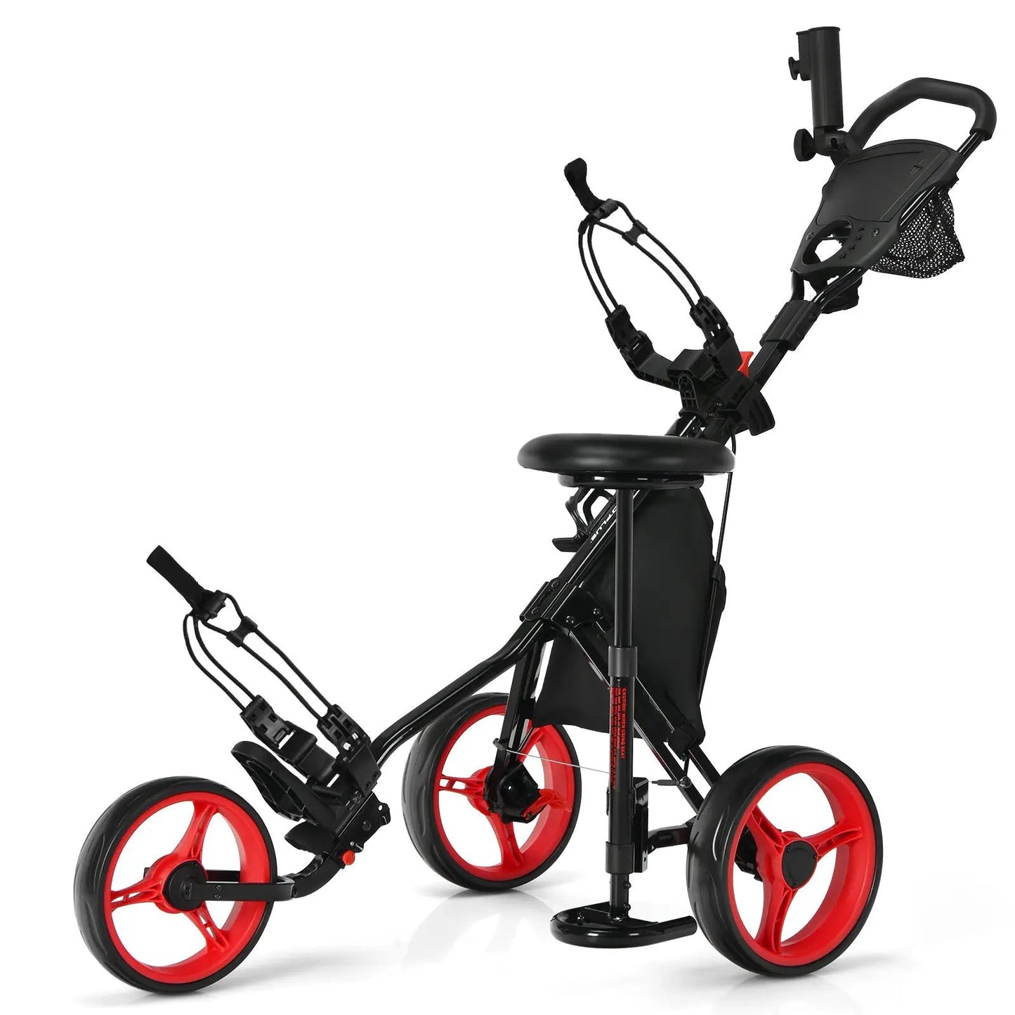 Three-wheel folding golf push cart with seat, black frame and red wheels DirectDeals on Tampa Home & Garden Store