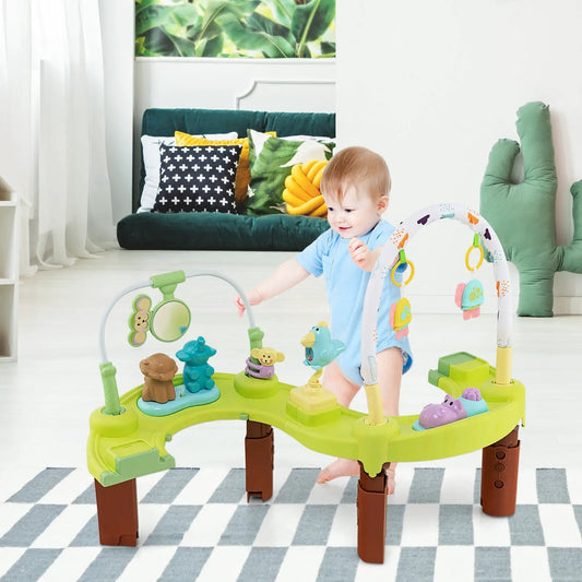 3-in-1 baby activity center with lime-green base and brown legs featuring animal toys for 0-24 on Tampa Home & Garden Store