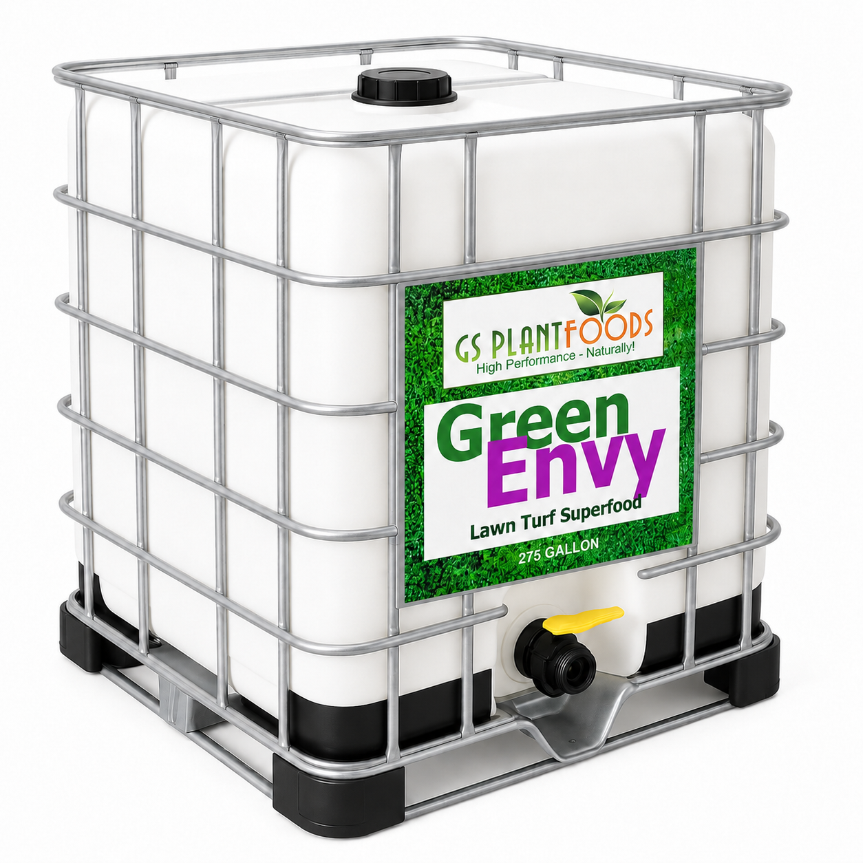 Green Envy Lawn Turf Superfood fertilizer by GS Plant Foods in a 275 gal tote with yellow valve on Tampa Home & Garden Store