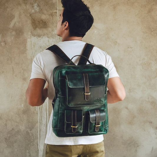 Greenfield Leather Backpack with Laptop Sleeve, forest green leather, brown straps on Tampa Home & Garden Store