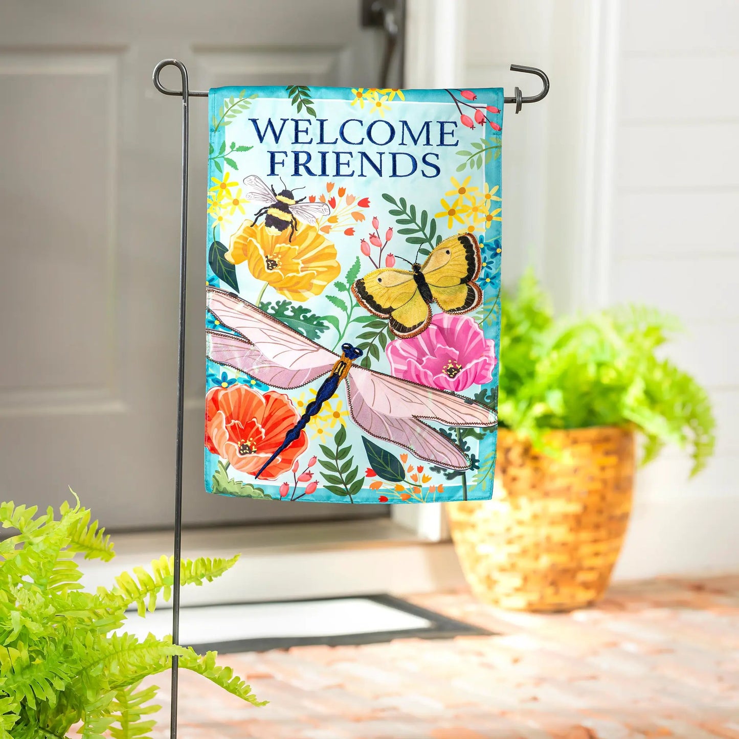 Greenhouse Garden Welcome Friends Applique Flag with floral butterfly accents on Tampa Home & Garden Store