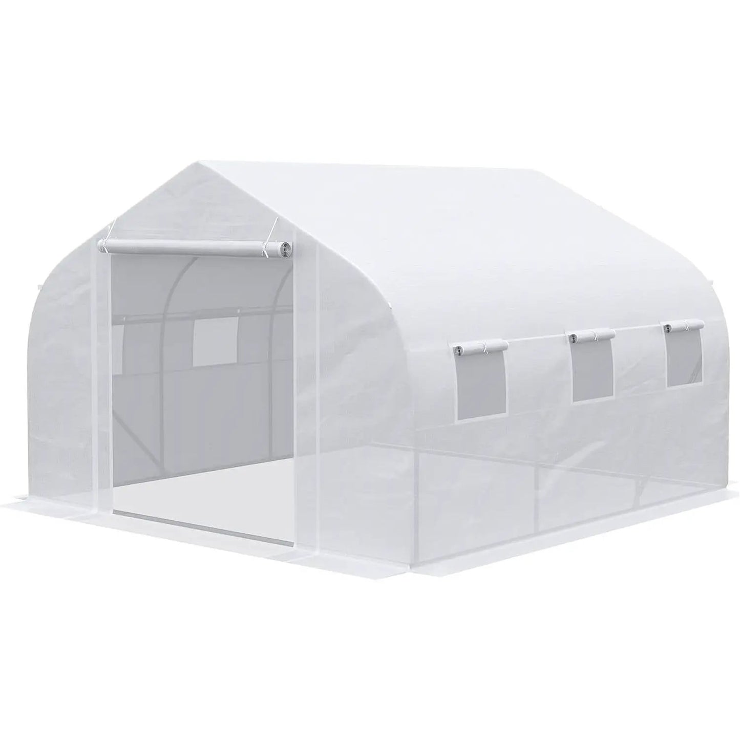 Greenhouse kit with white PE cover and steel arched frame, roll-up door on Tampa Home & Garden Store