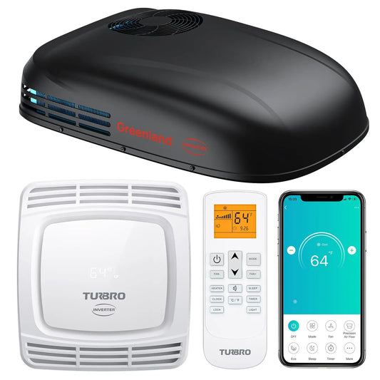 TURBRO Greenland 13,500 BTU inverter RV air conditioner with heat pump, black rooftop unit on Tampa Home & Garden Store