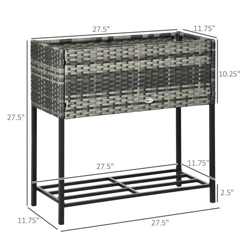 Grey modern PE rattan wicker raised garden bed on black metal frame with lower shelf on Tampa Home & Garden Store