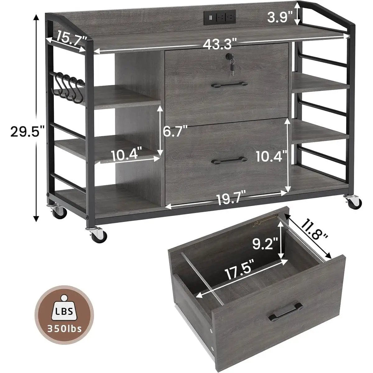 Grey printer stand bookcase with power station and casters, HomePacific printer stand on Tampa Home & Garden Store