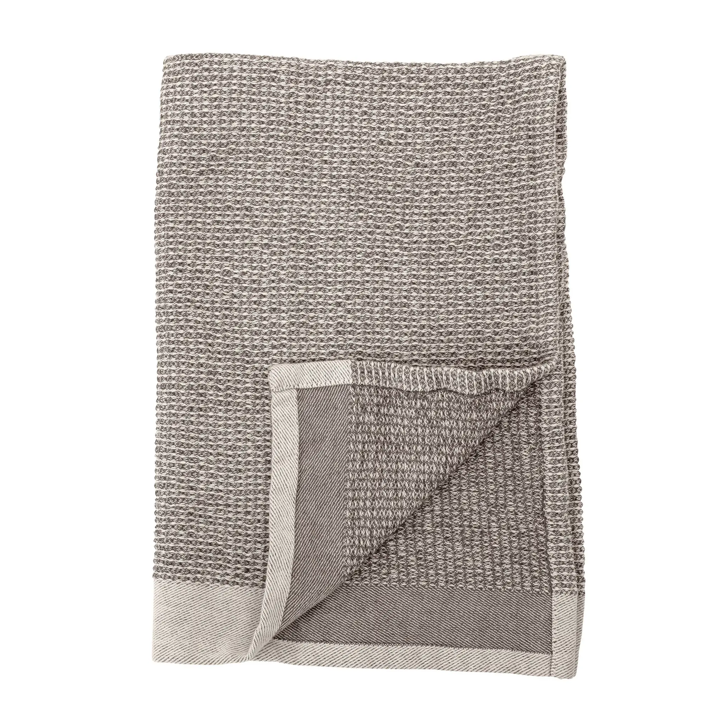 Grey waffle-weave kitchen towels, set of 2, with cream striped border on Tampa Home & Garden Store