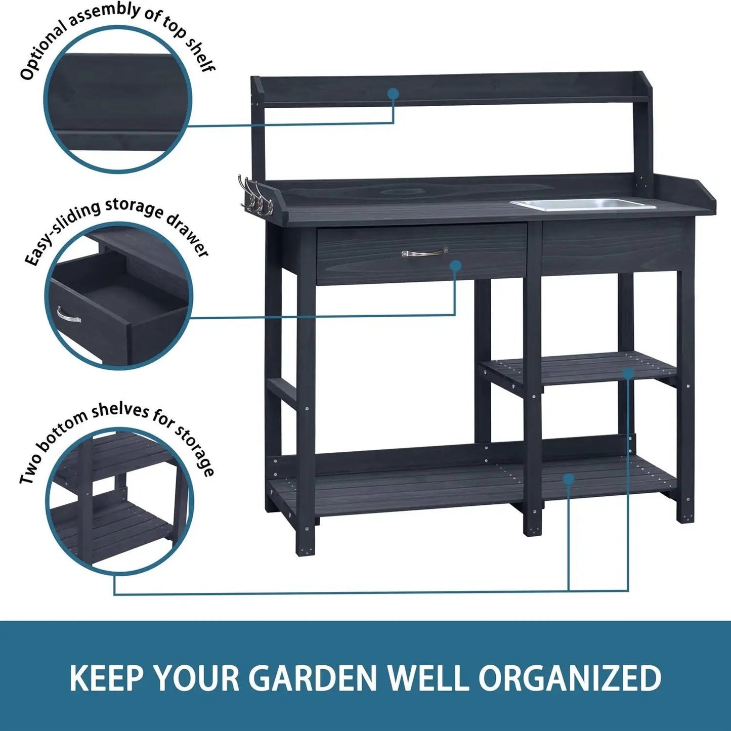 Grey wood outdoor potting bench with sink, drawer and upper shelf on Tampa Home & Garden Store