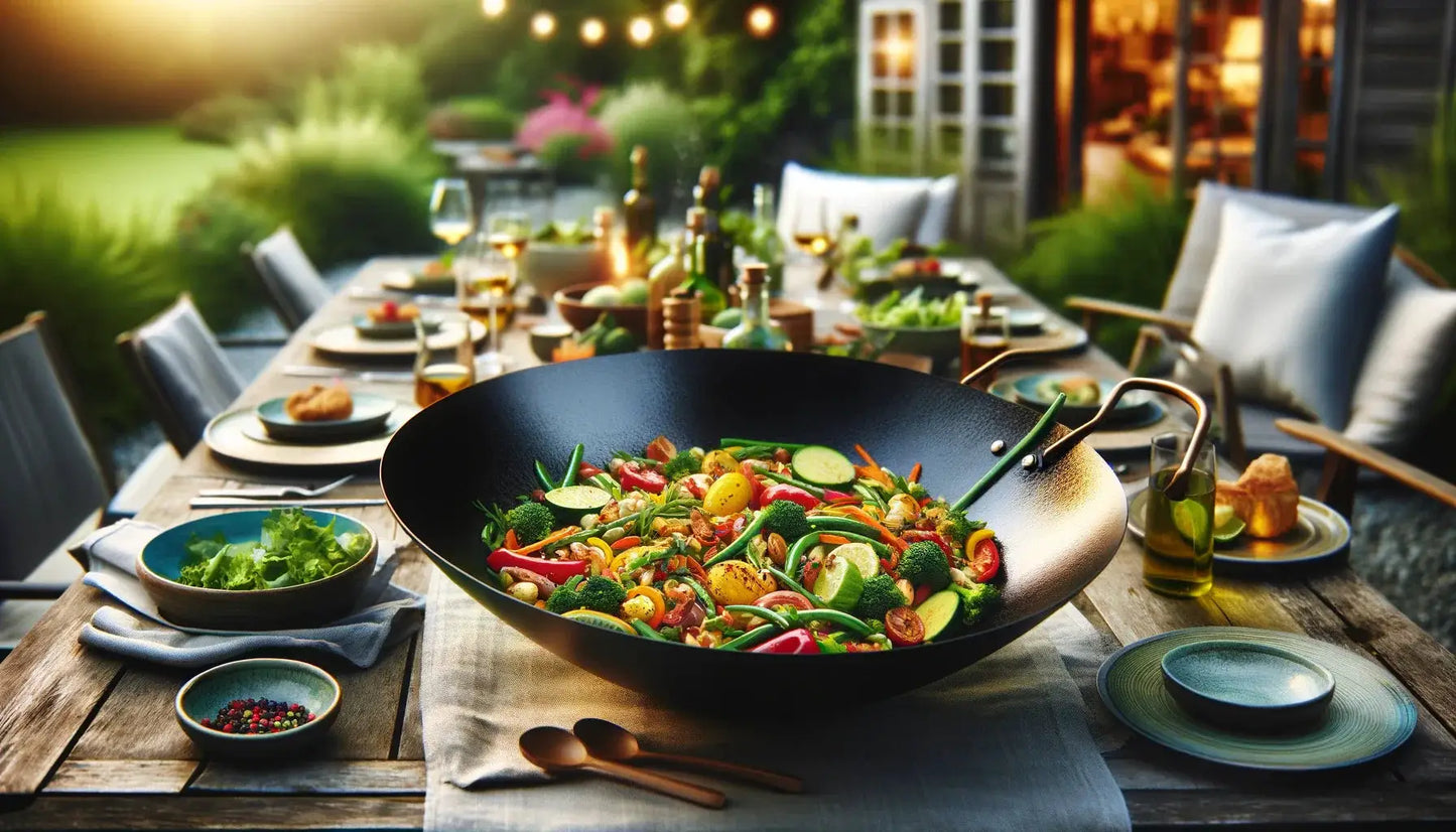 Arteflame Grill Wok Holder for Master Wok Cooking, black wok on outdoor dining table on Tampa Home & Garden Store