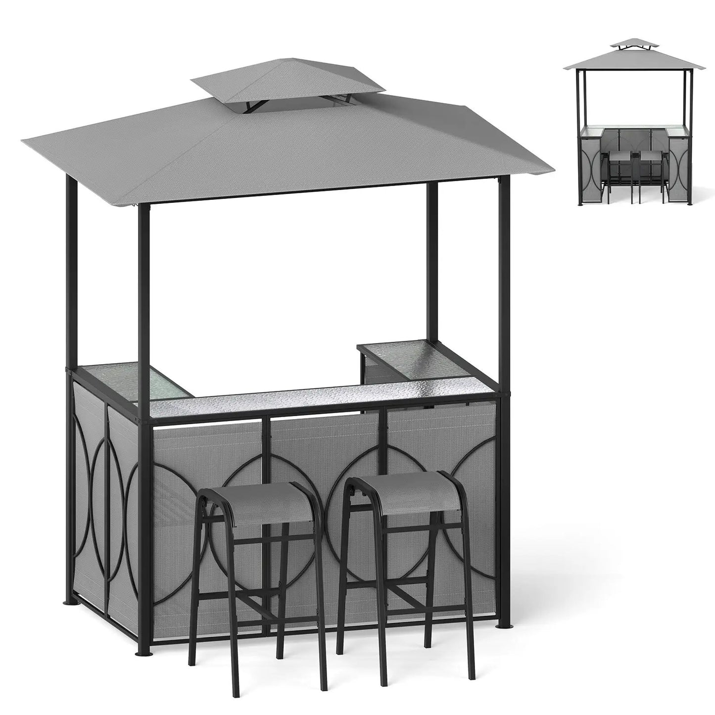 Grill Gazebo Set with 2 Bar Stools and Bar Table in black metal frame and gray canopy on Tampa Home & Garden Store