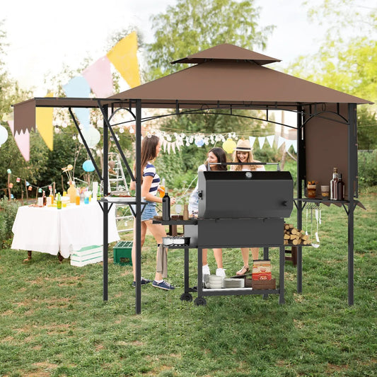 13 x 5 Feet Grill Gazebo with Dual Side Awnings and 2 Shelves Adjustable Shadow-Coffee - Tampa Home & Garden Store