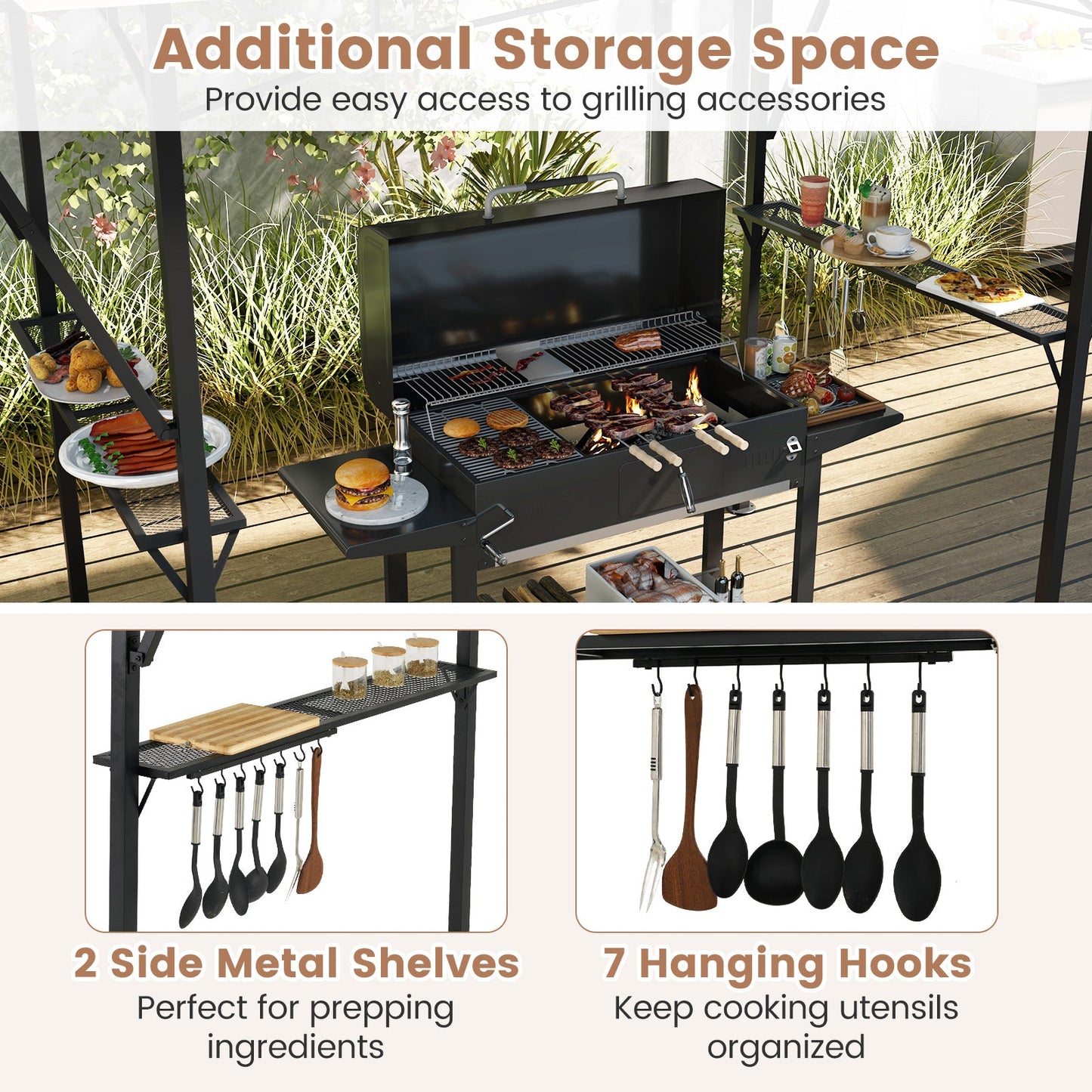 Grill gazebo with dual side awnings, black metal frame, 2 shelves and 7 hanging utensil hooks on Tampa Home & Garden Store