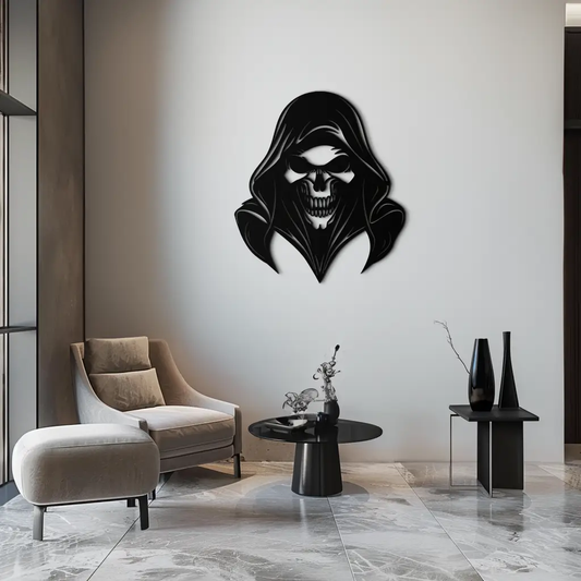 Grim Reaper Hooded Skull Metal Wall Art by Enova Art, modern black silhouette decor on Tampa Home & Garden Store