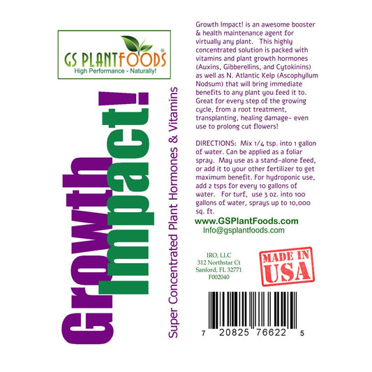 Growth Impact Super Plant Vitamins & Hormones bottle by GS Plant Foods, purple label, 8 oz on Tampa Home & Garden Store