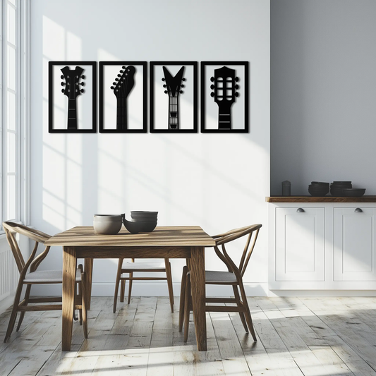 Guitar headstock metal wall art four-piece set in black-framed panels by Enova Art on Tampa Home & Garden Store