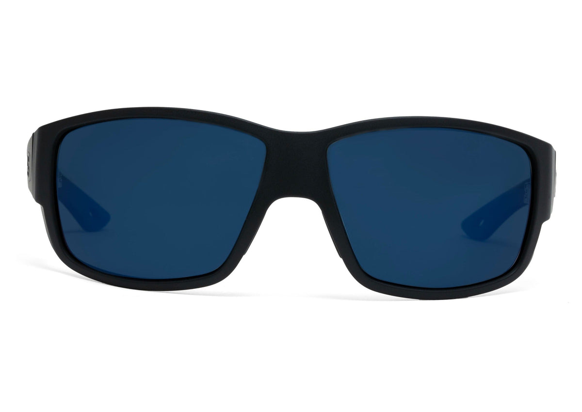 Renegade XL Matte Black Sunglasses by Skeleton Optics with blue lenses on Tampa Home & Garden Store