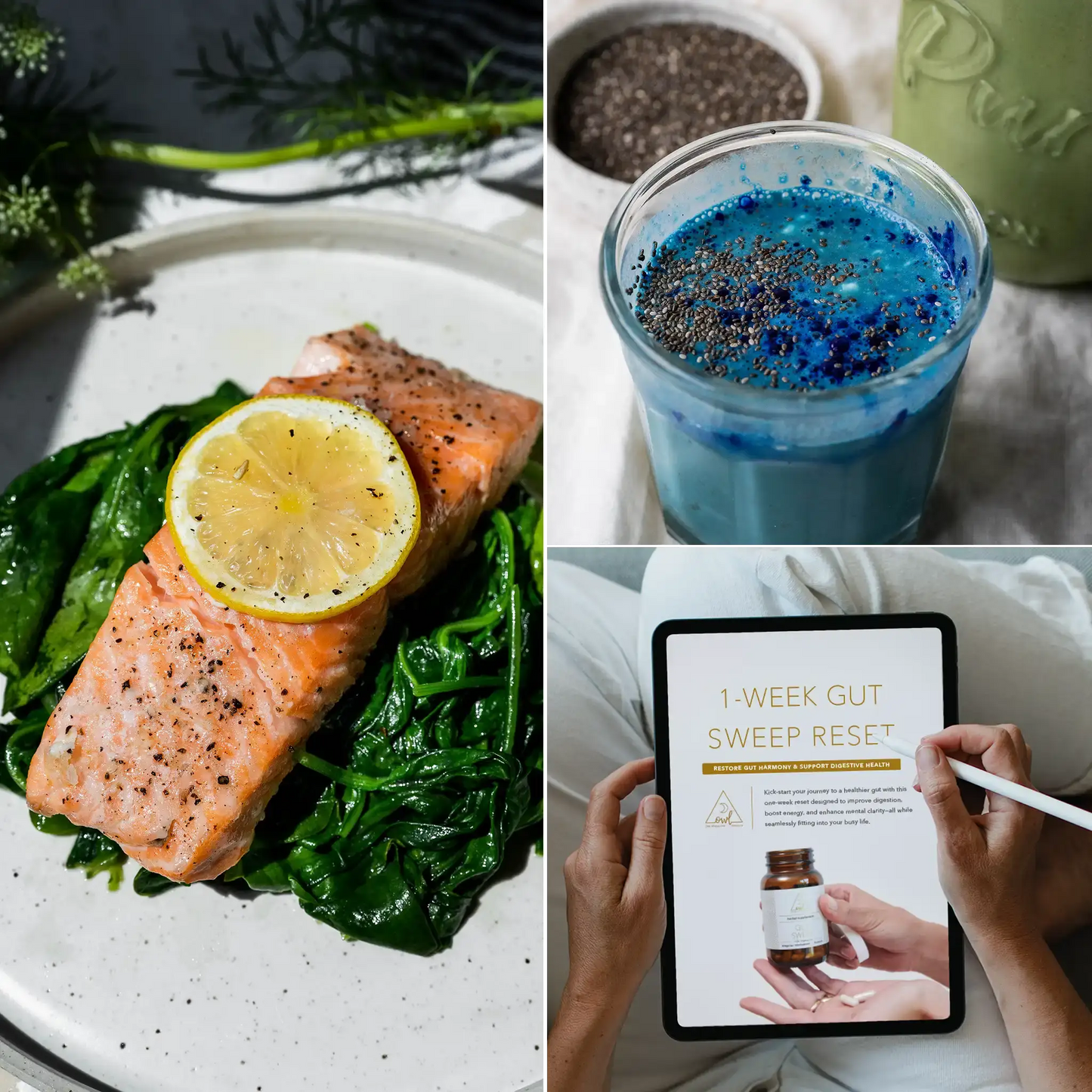 1-Week Gut Sweep Reset cleanse by OWL Venice; salmon on spinach with lemon and chia smoothie on Tampa Home & Garden Store