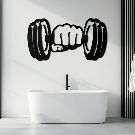 Gym dumbbell metal wall art decor in bold black silhouette for modern gym spaces on Tampa Home & Garden Store