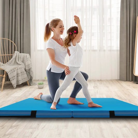 Blue 4ft x 4ft x 4in bi-folding gymnastic tumbling mat for home use on Tampa Home & Garden Store