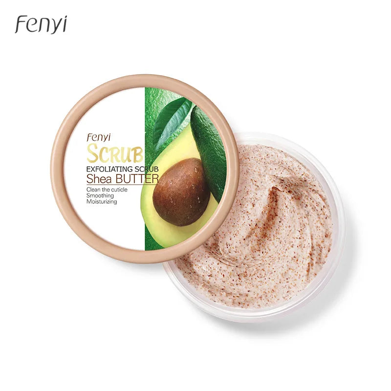 Fenyi Shea Butter Exfoliating Scrub with avocado; creamy brown-speckled scrub in jar on Tampa Home & Garden Store