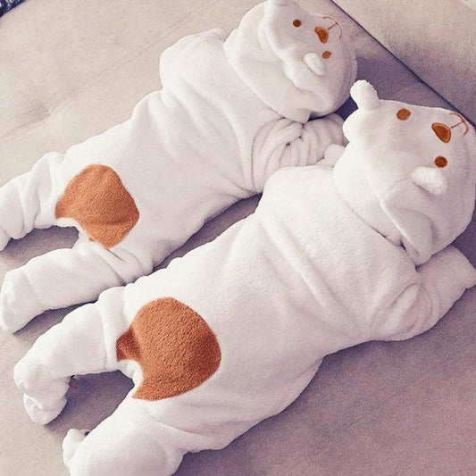 Stevvex bear hooded baby romper set of 2 in white fleece with brown knee patches on Tampa Home & Garden Store