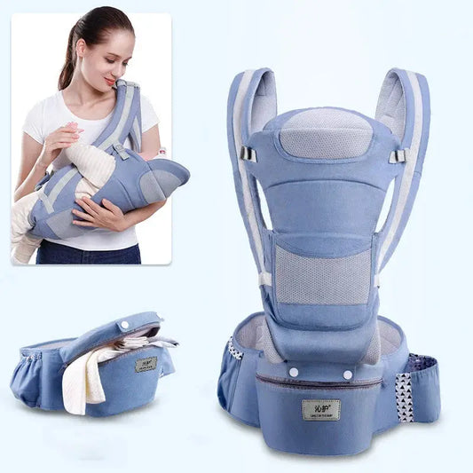 3-in-1 ergonomic baby carrier in blue by VIP Digital Presence with padded shoulders and waist belt, hip bag included on Tampa Home & Garden Store
