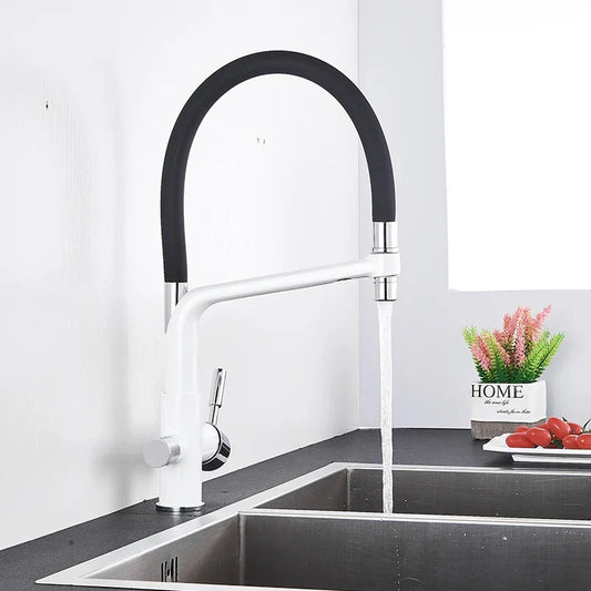 DecorBites kitchen faucet with filtered water white body black pull-down hose dual handles on Tampa Home & Garden Store