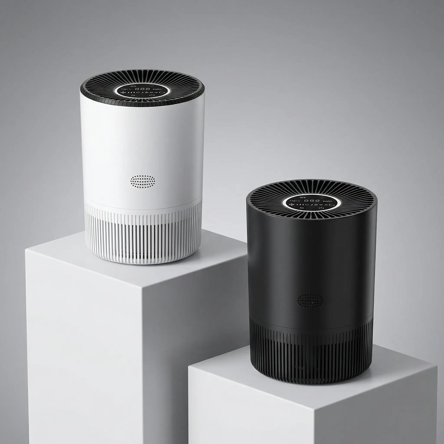 Air Purifier Moktan Sabai white tall and black compact units with HEPA, app control on Tampa Home & Garden Store