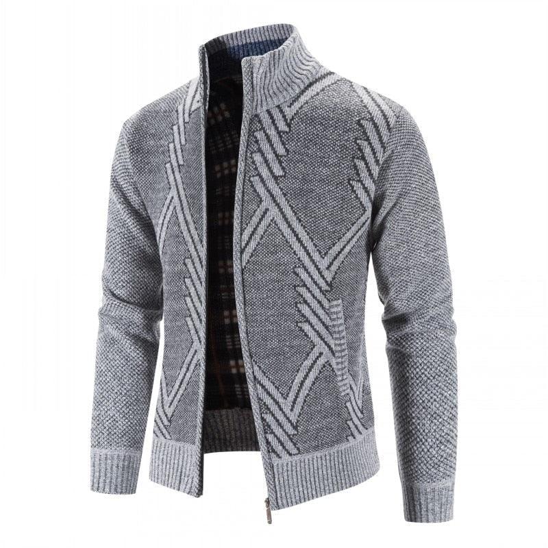 Stevvex men's grey geometric-knit cardigan with zip front and ribbed cuffs on Tampa Home & Garden Store