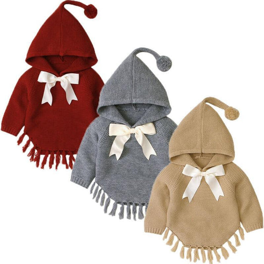 Toddler girl knitted hooded pullover coat set of three in red gray beige with bows Stevvex on Tampa Home & Garden Store