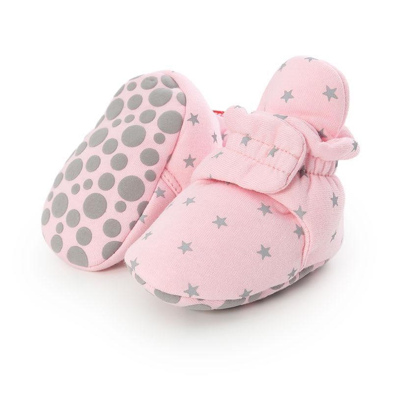 Baby booties pink faux fleece with gray star pattern and dotted sole on Tampa Home & Garden Store